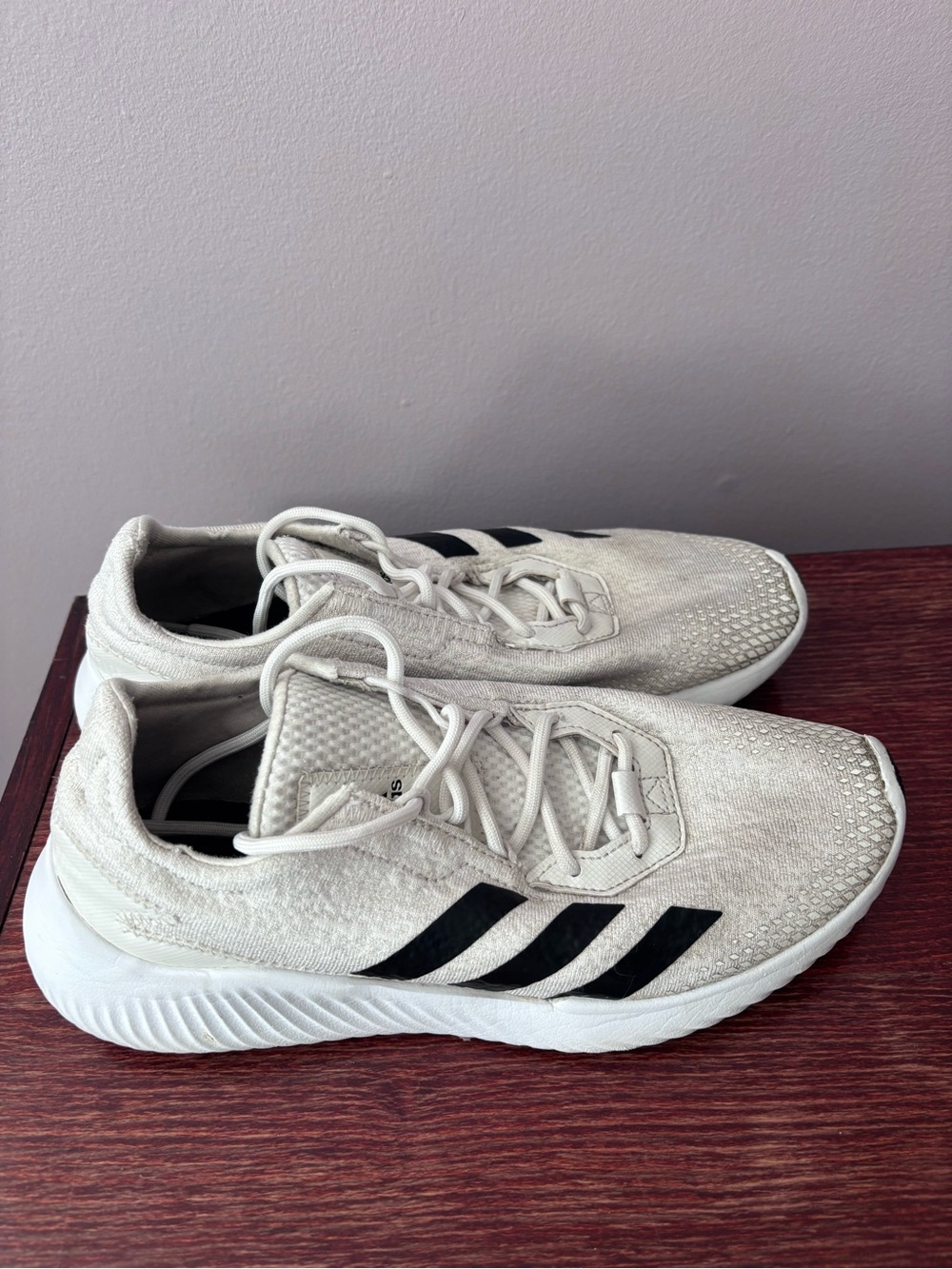 adidas Off-White Knit Sneakers with Black Stripes